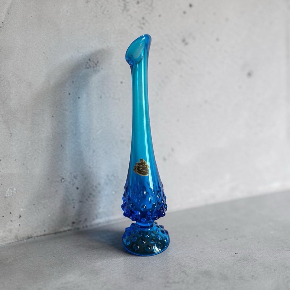 Vtg Fenton Glass Colonial Blue Hobnail Swung Bud Vase 1970s Original Sticker